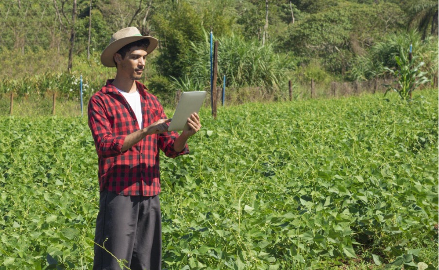 Hombre sostiene en sus manos una tableta. De fondo hay un cultivo y bastante vegetación.